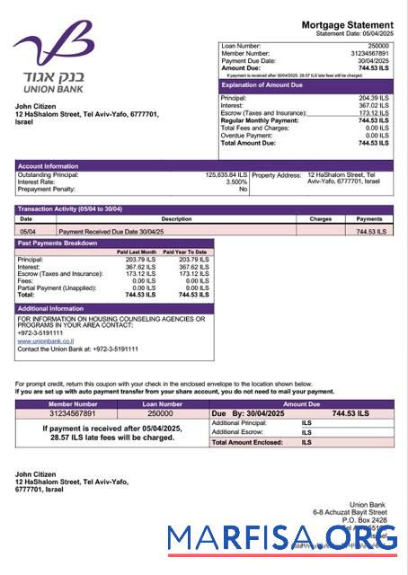 Realistic Israel Union Bank (Bank Igud) mortgage statement Word and PDF template